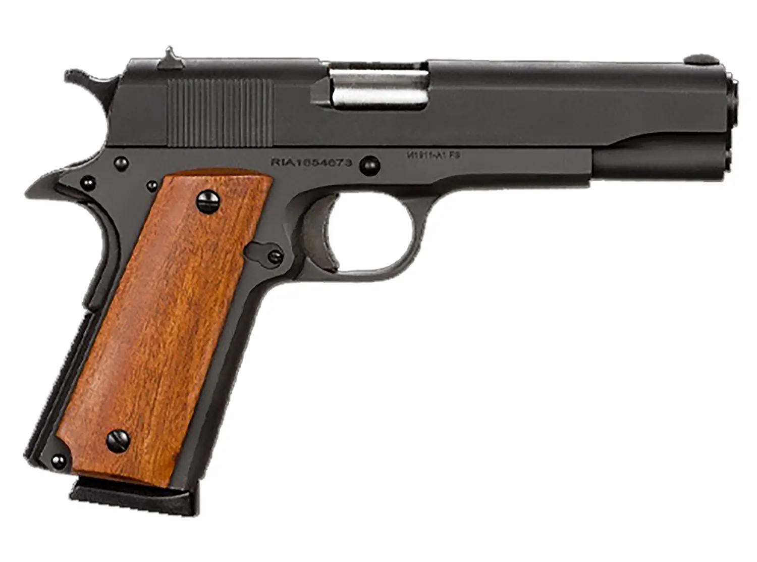 Rock Island 51421MA GI Standard FS *MA Compliant 45 ACP Caliber with 5" Barrel, 8+1 Capacity, Overall Black Parkerized Finish Steel, Beavertail Frame, Serrated Slide Wood Grip