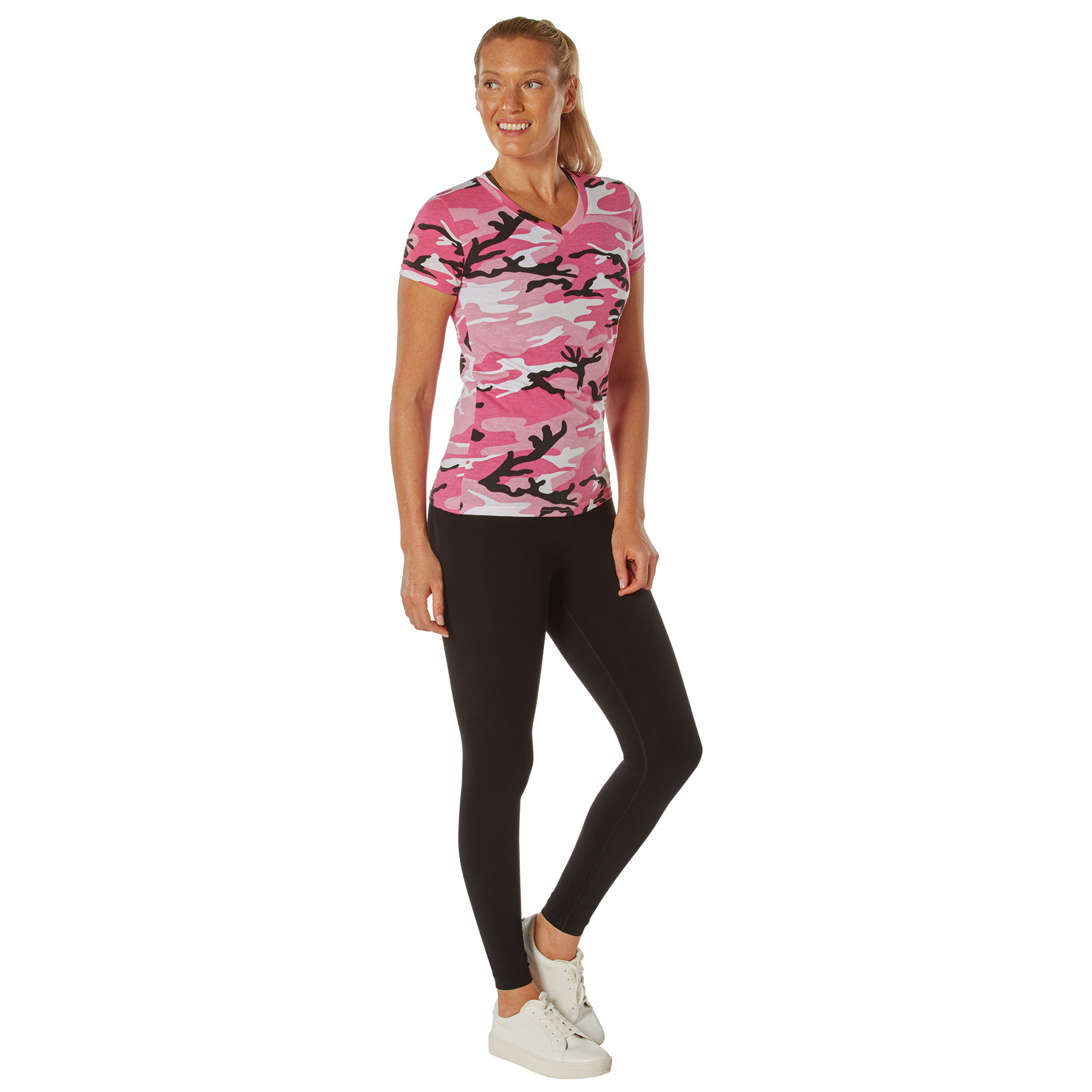 Rothco Womens Long Length Camo V-Neck T-Shirt - Pink Camo, Medium