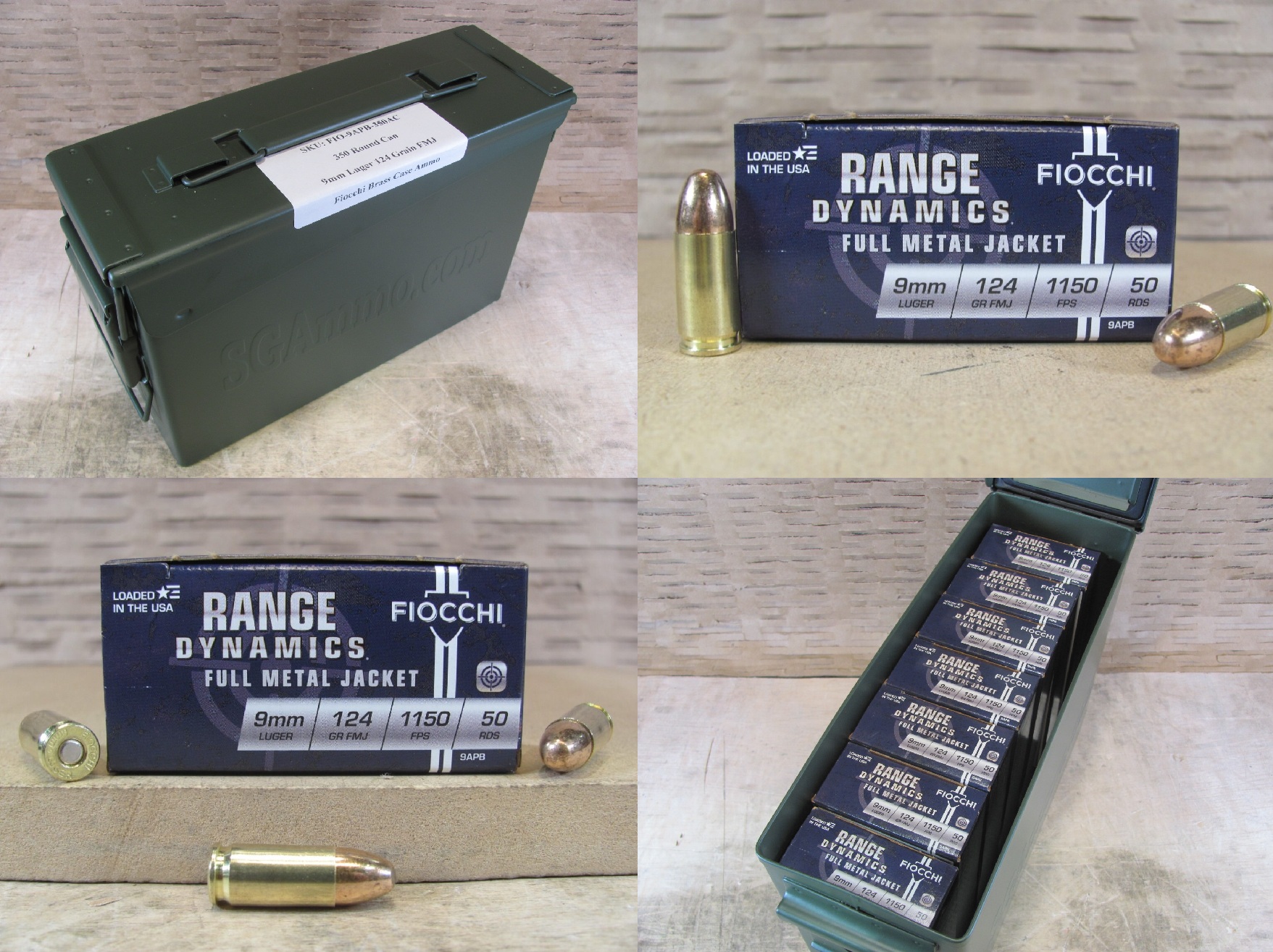 350 Round Can – 9mm Luger 124 Grain FMJ Fiocchi Ammunition – 9APB – Packed in M19A1 Canister