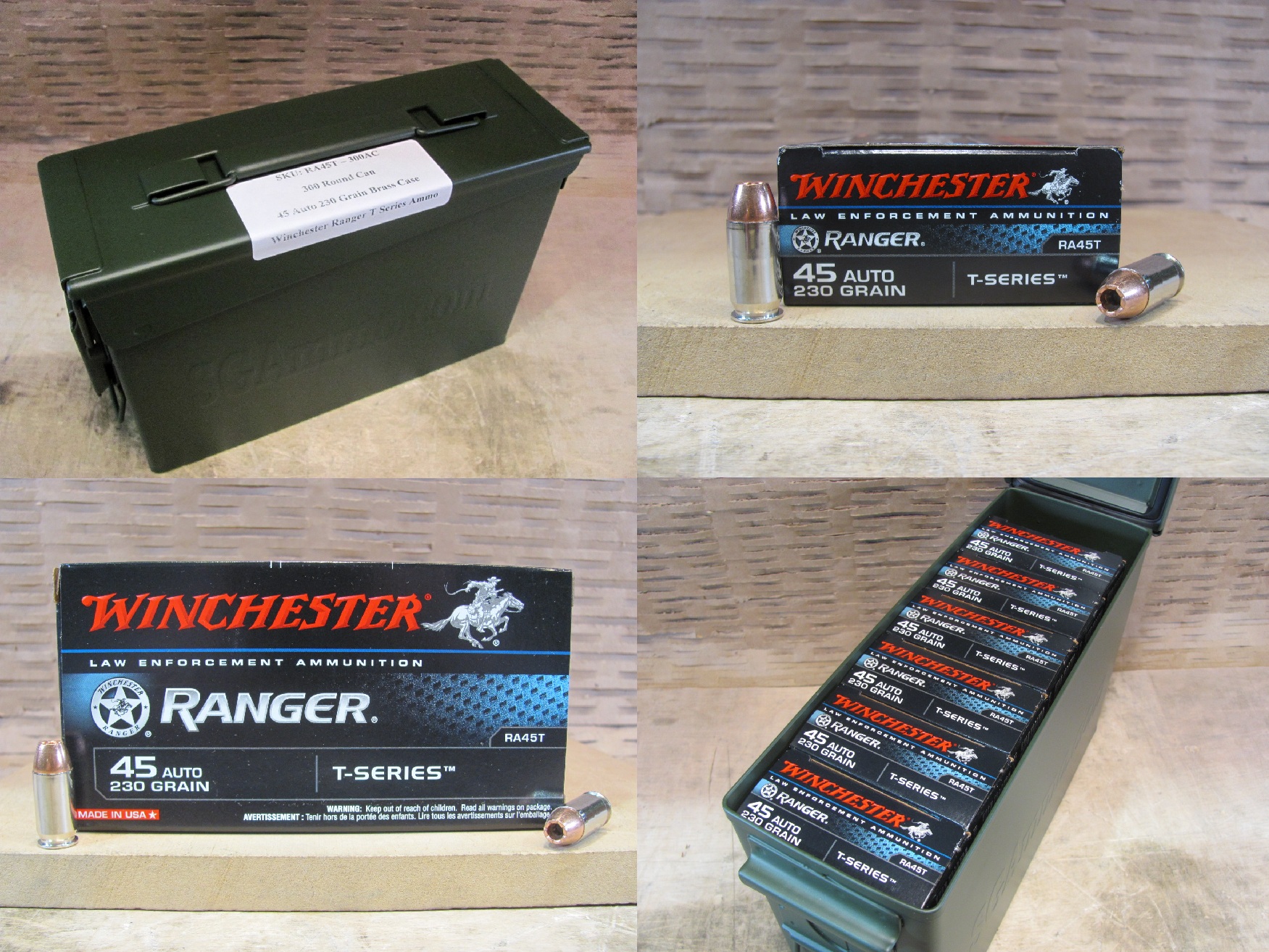 300 Round Can – 45 Auto 230 Grain Winchester Ranger T-series Hollow Point Ammo – RA45T – Packed in M19A1 Canister