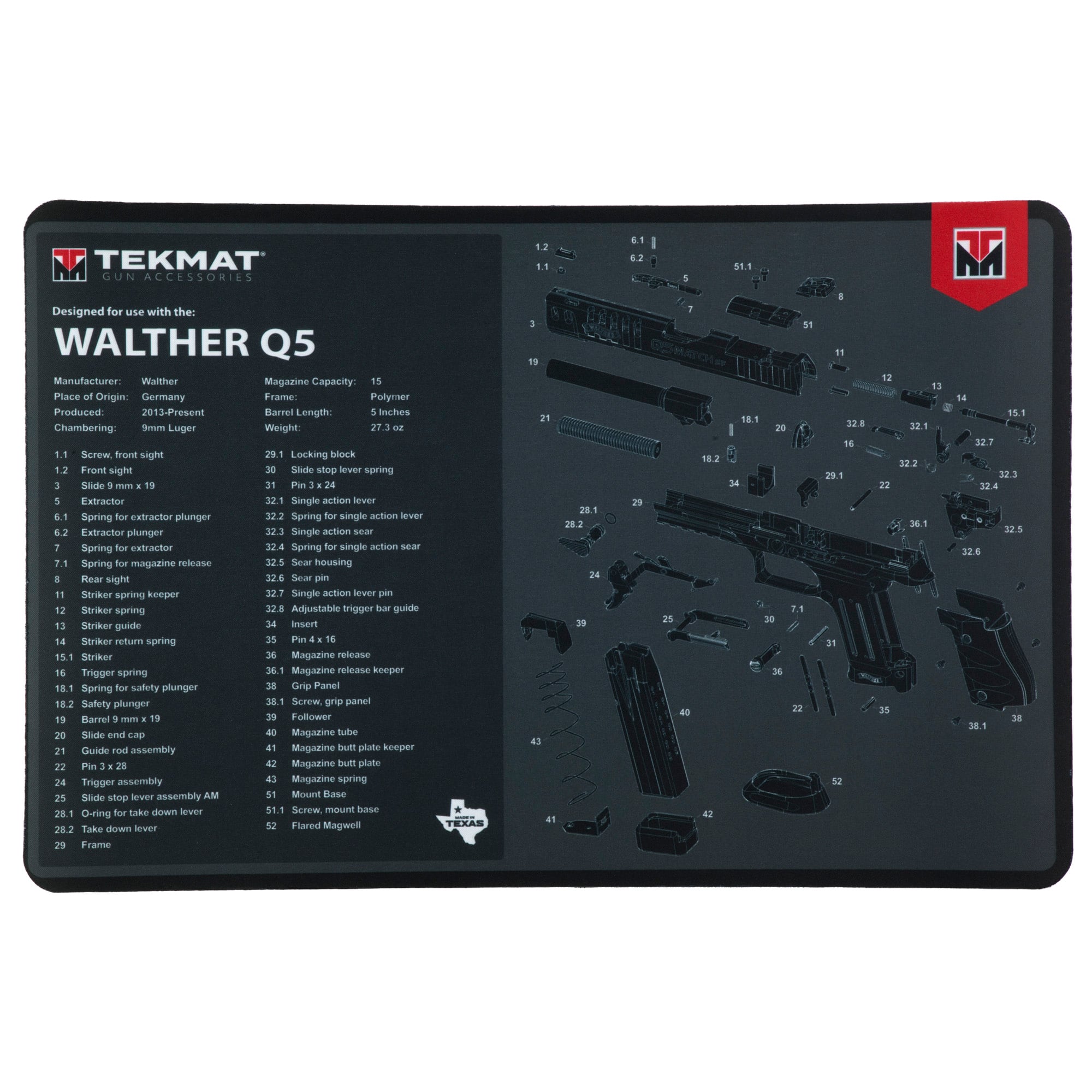 TekMat Cleaning Mat, Pistol Size, 11"x17", For Walther Q5 SF, Black