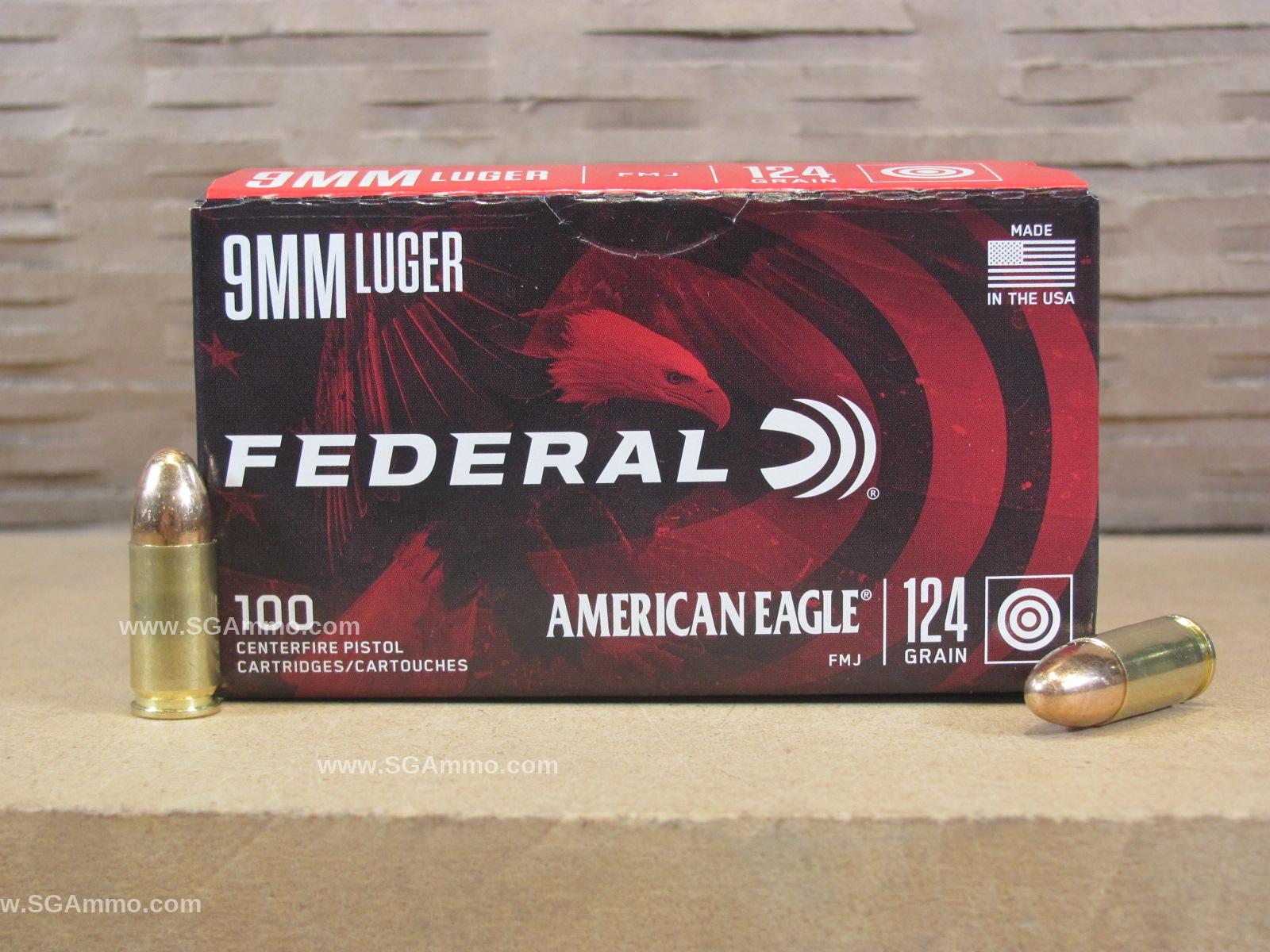 100 Round Box – 9mm Luger Federal American Eagle 124 Grain FMJ Ammo – AE9AP100