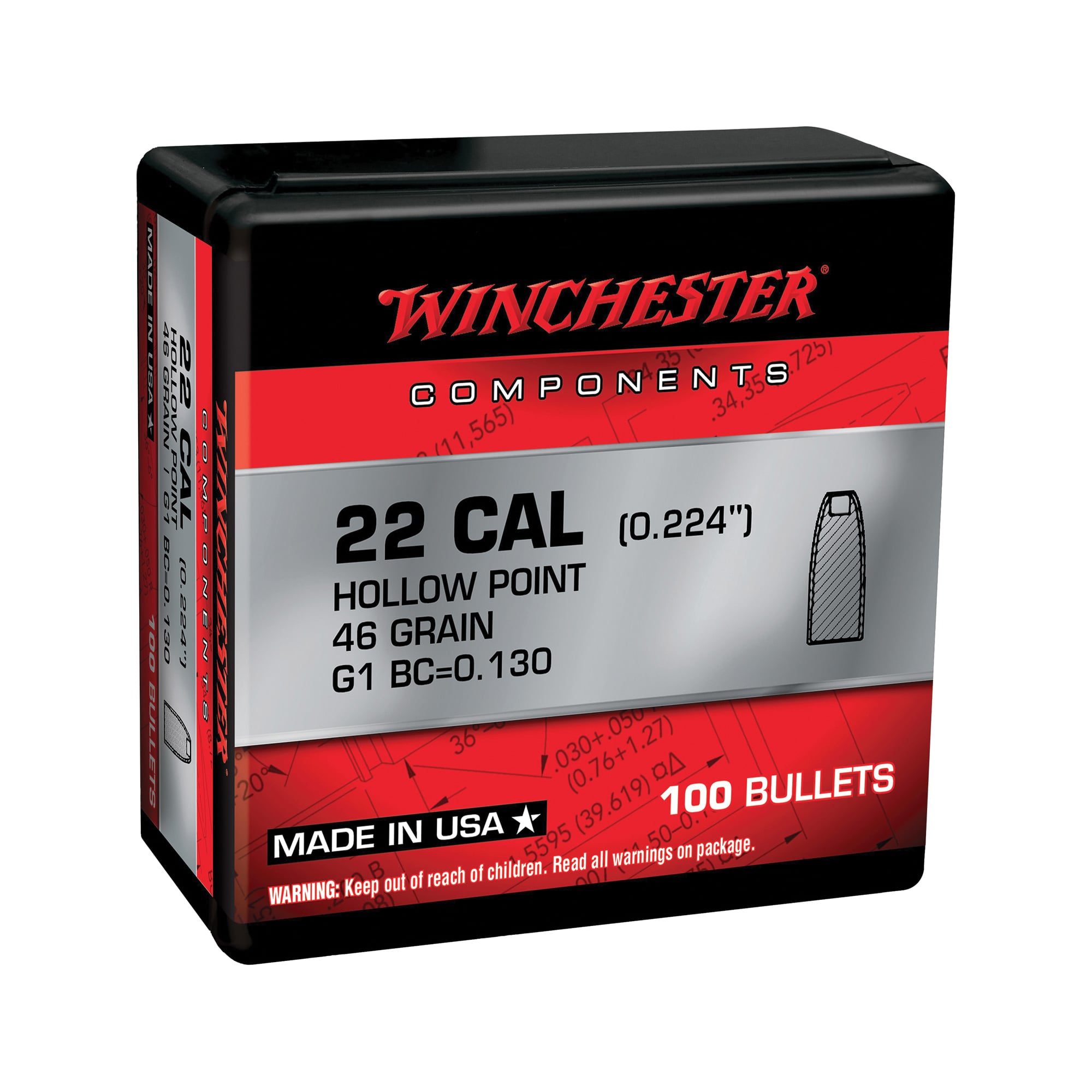 Winchester Ammunition .22 Hornet 46 gr Reloading Bullets  HP 100rds - WB22HP46X