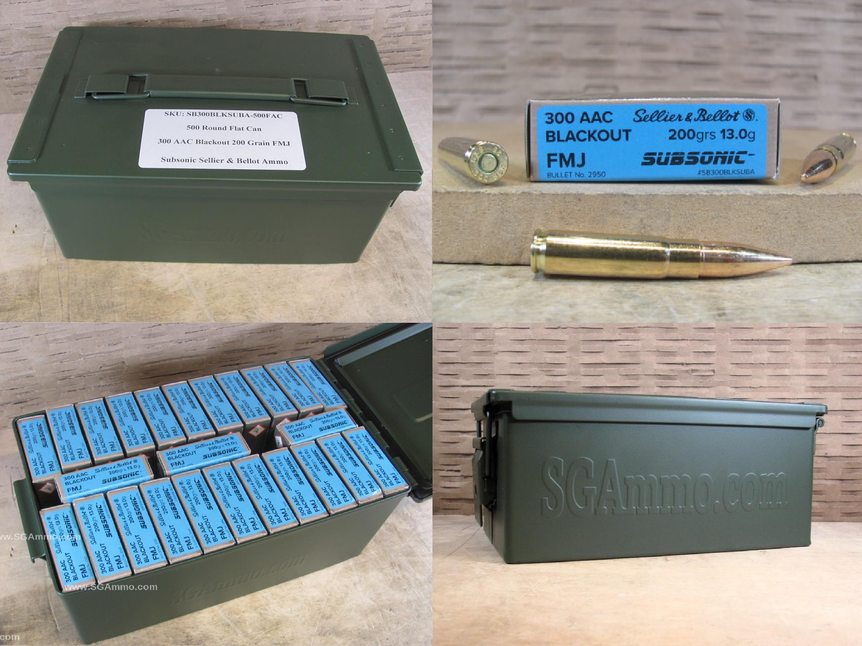 500 Round Flat Can – 300 AAC Blackout 200 Grain SUBSONIC FMJ Sellier Bellot Ammo – SB300BLKSUBA – Packed in Metal Canister