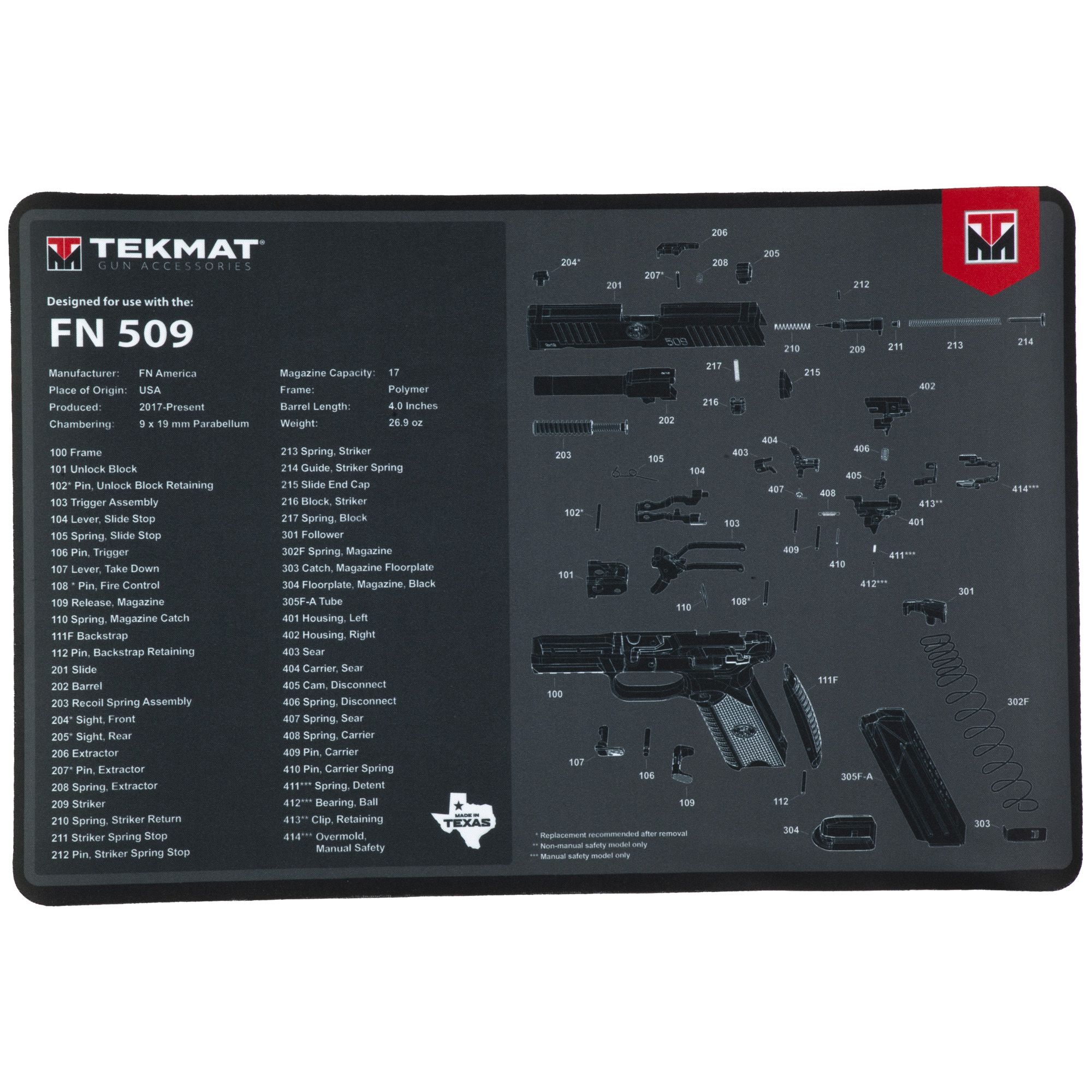 TekMat Cleaning Mat, Pistol Size, 11"x17", For FN 509, Black