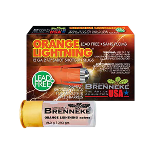 Brenneke Orange Lightning Lead-Free 12 Gauge 2.75\" 2/3 oz (293 gr) Sabot Slug 5 Rounds Tin Case SL122OLN