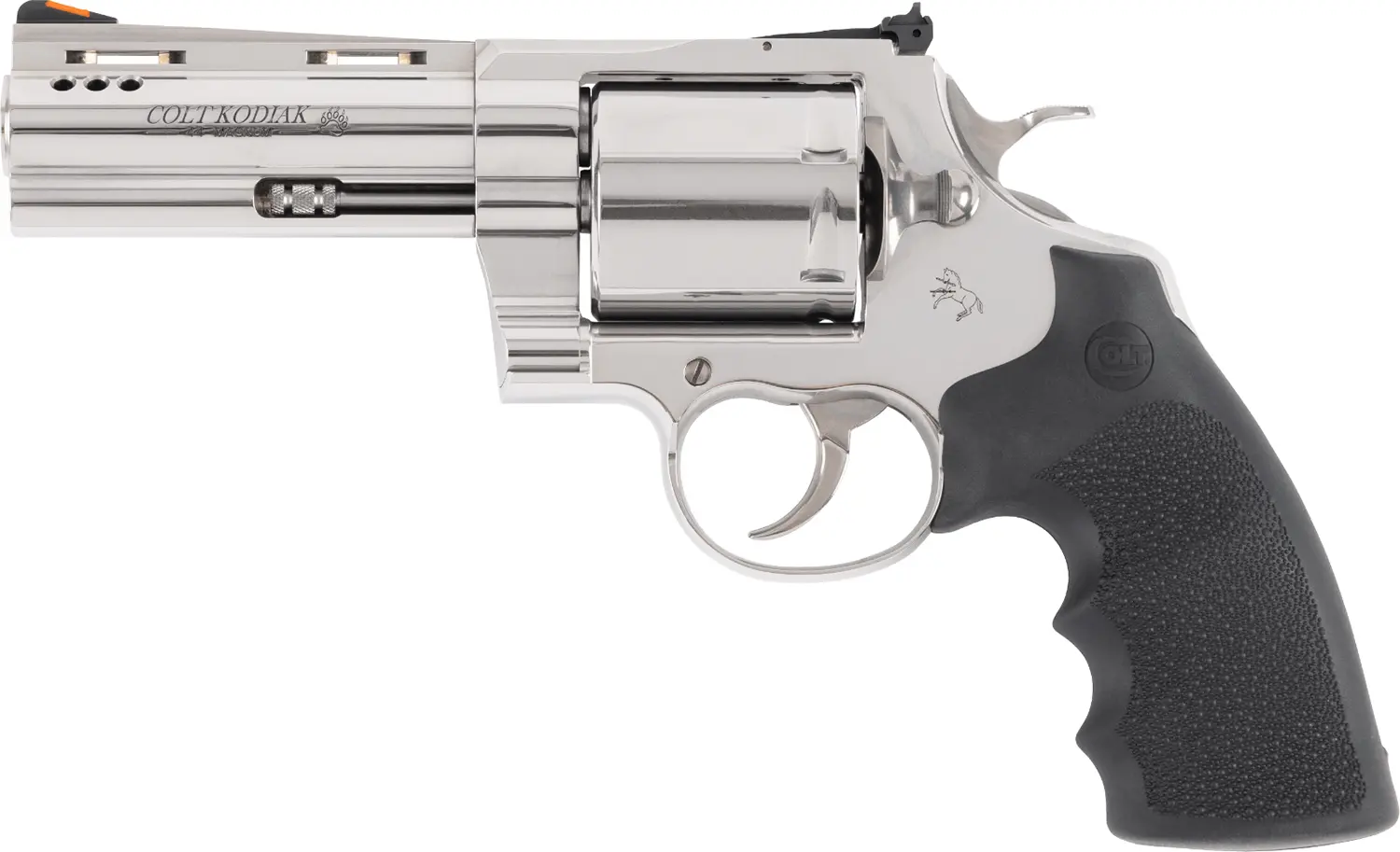 Colt Mfg KODIAKSP4RTS Kodiak 44 Mag 6rd 4.25" Polished Ported Vent Rib Barrel Cylinder, Recessed Target Crown Muzzle, Polished Stainless Steel Frame, Black Hogue Overmolded Grip, Exposed Hammer