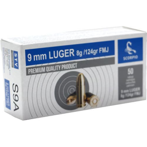 STV Technology Scorpio Ammunition AS9A 9mm Luger 124 GR FMJ Brass, Boxer, Non Corrosive - 50rd Box