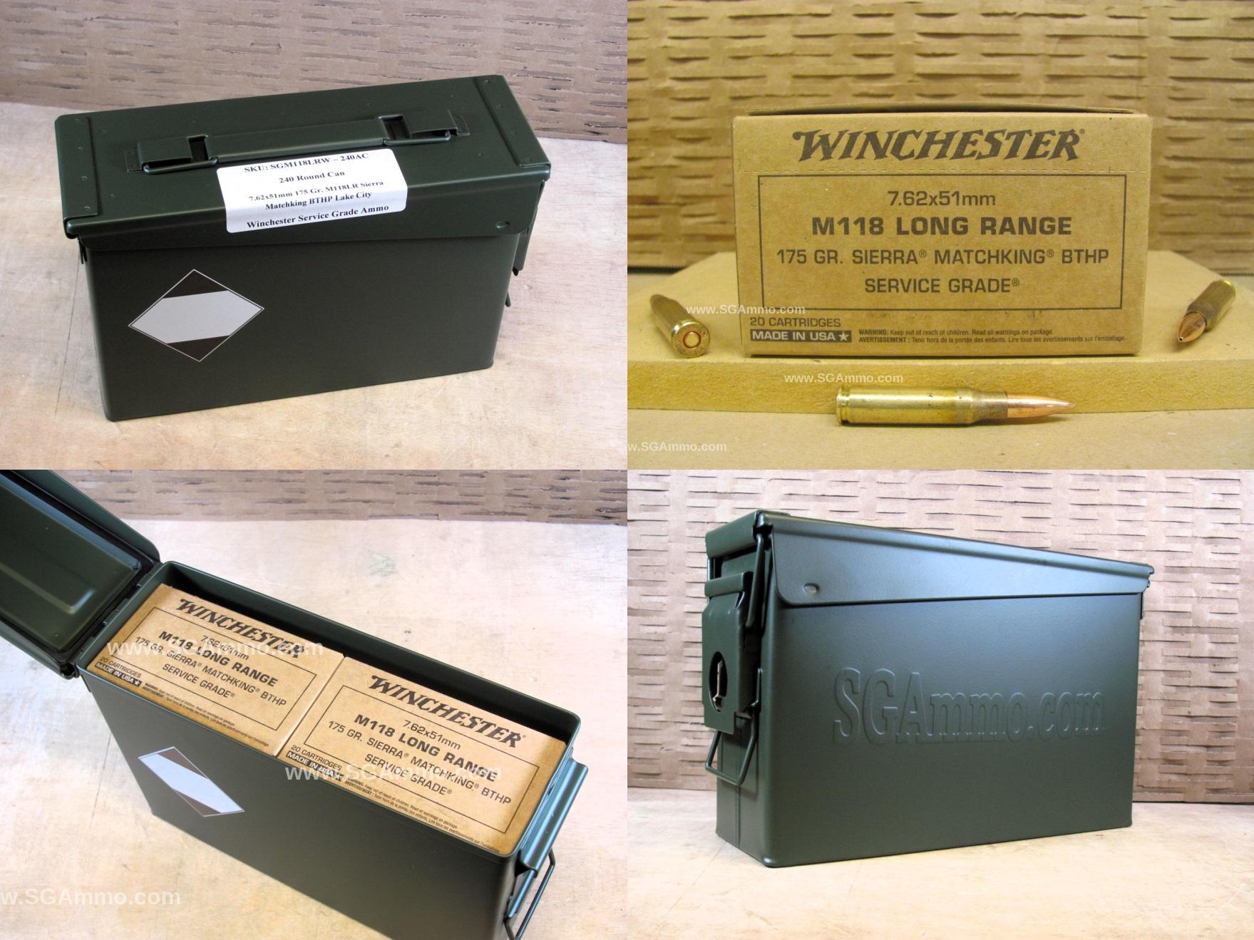 240 Round Can – 7.62x51mm 175 Grain M118 Long Range Sierra Matchking BTHP Lake City Winchester Service Grade Ammo – SGM118LRW – Packed in M19A1 Canister