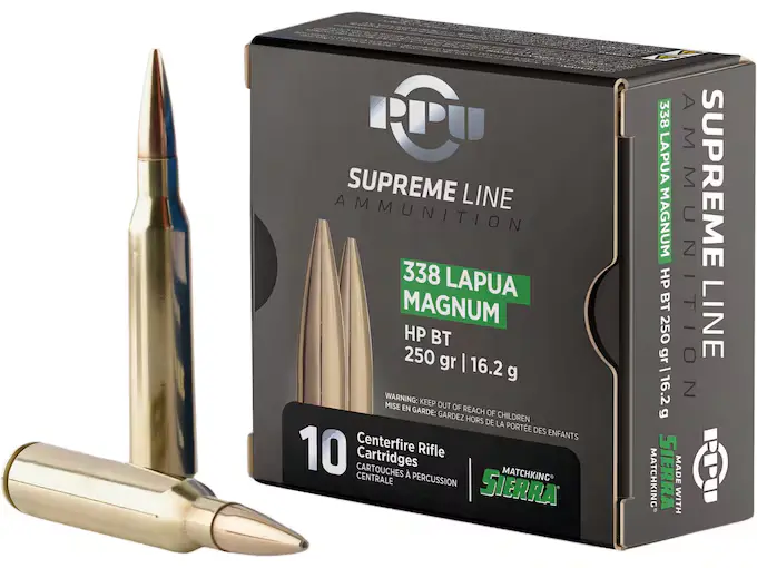 PPU .338 LAPUA MAGNUM SUPR HPBT 250G 10 RD BOX 20 BOXES PER CASE