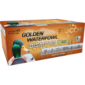 Fiocchi Golden Waterfowl Bismuth 12 Gauge 3\" 1-3/8 oz #2 Shot 10 Round Box Bismuth Case.