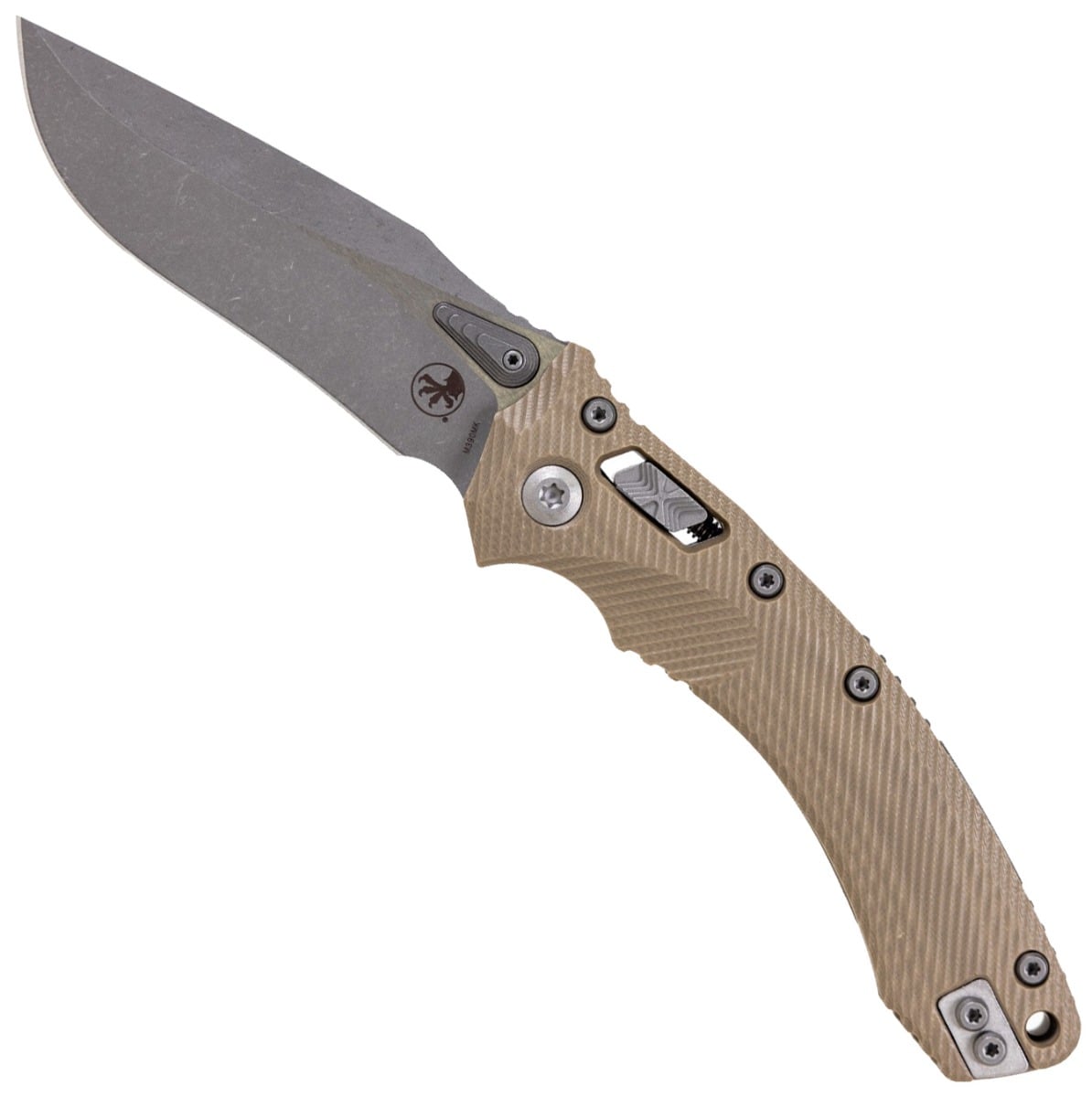 Microtech Amphibian Ram-Lok Apocalyptic Folding Clip Point Knife, Tan - 137RL-10APFLGTTA