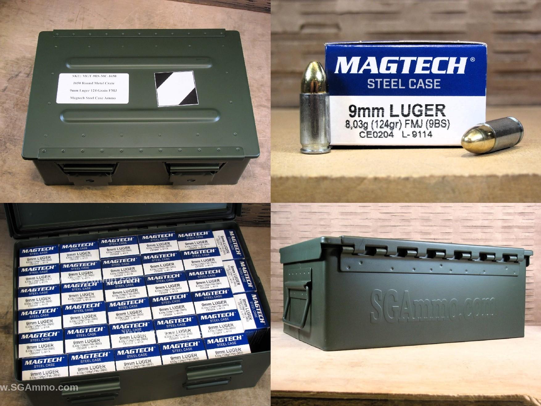 1650 Round Metal Crate Canister – Steel Case 9mm Luger 124 Grain FMJ Magtech Ammo – 9BS