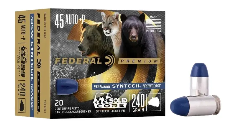 Federal P45SHC1 Premium 45ACP+P 240gr Solid Core Synthetic Flat Nose 20 Per Box/10 Case