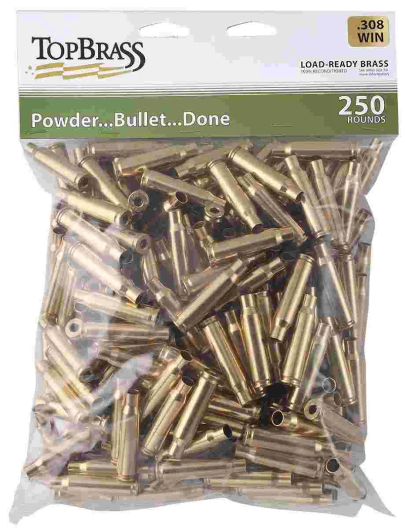 Top Brass Unprimed Remanufactured Rifle Brass .308 Win Bagged Header Card Grade A+ 250/ct