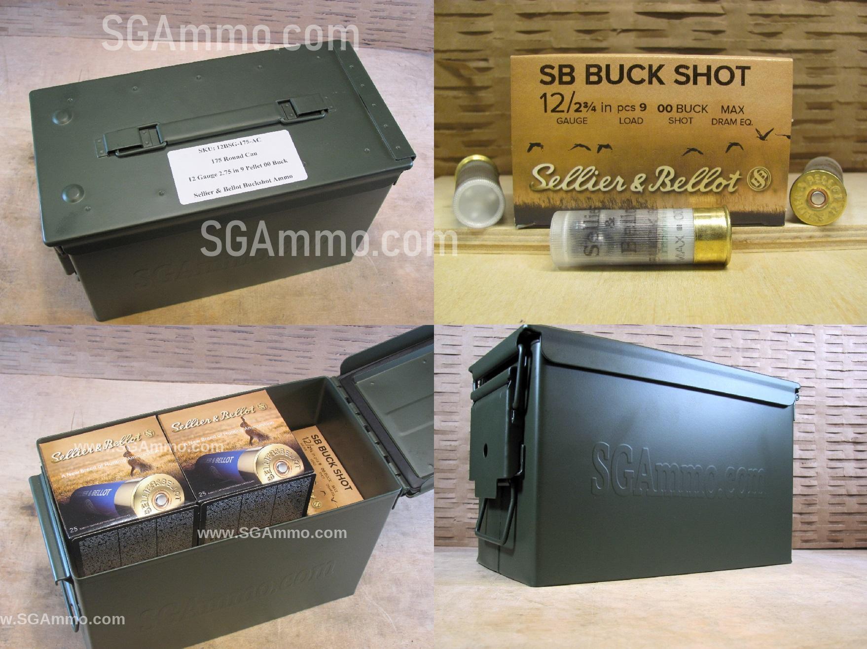175 Round Ammo Can – 12 Gauge Sellier Bellot 2.75 Inch 9 Pellet OO Buckshot Ammo – SB12BSG – Packed in M2A1 Canister