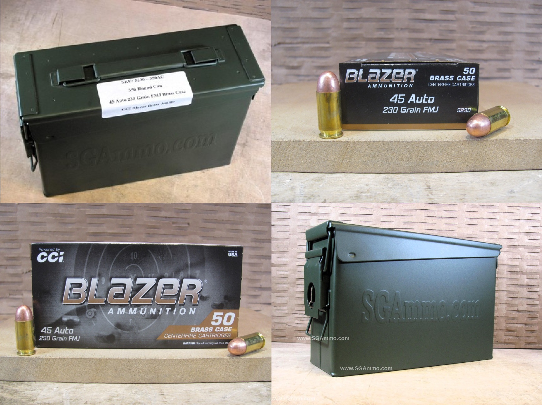 350 Round Can – 45 Auto 230 Grain FMJ CCI Blazer Brass Case Ammo – 5230 – Packed in M19A1 Canister