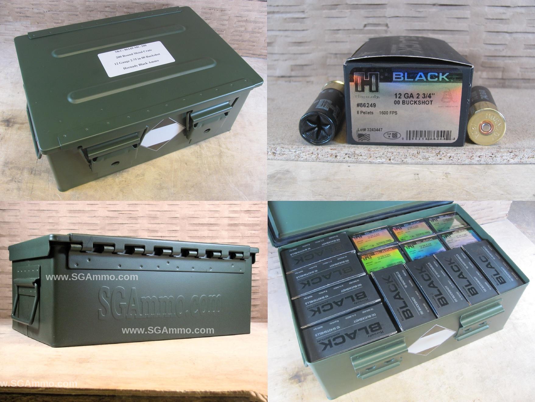 200 Round Metal Crate Canister – 12 Gauge Hornady Black 2-3/4 Inch 00 Buckshot Ammo – 86249
