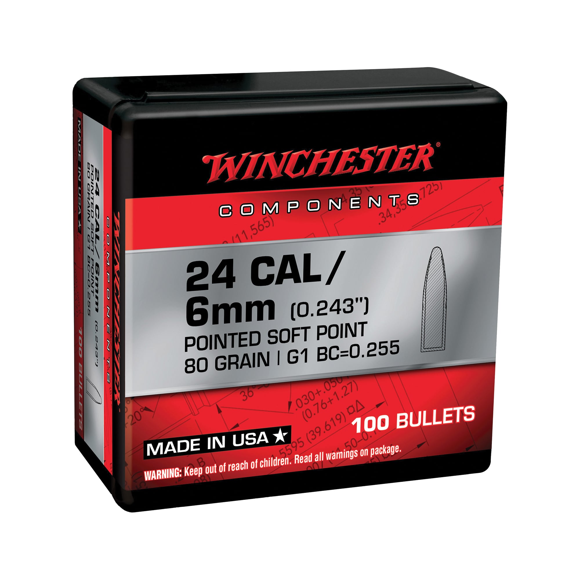 Winchester Ammunition .243 Winchester 80 gr Reloading Bullets  PSP 100rds - WB243SP80X